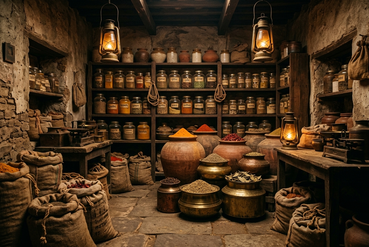 Ancient Indian spice bazaar with rich spices