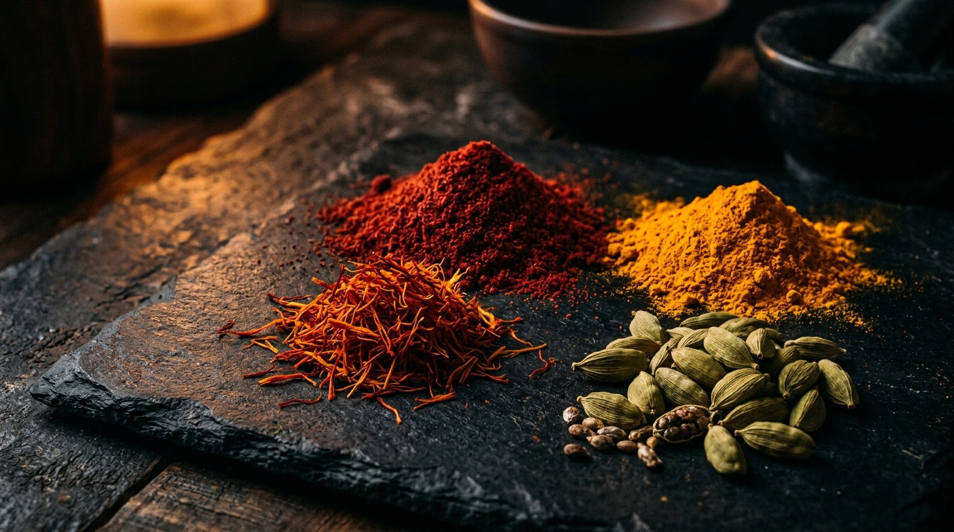 Artisanal bowls of whole and ground Indian spices