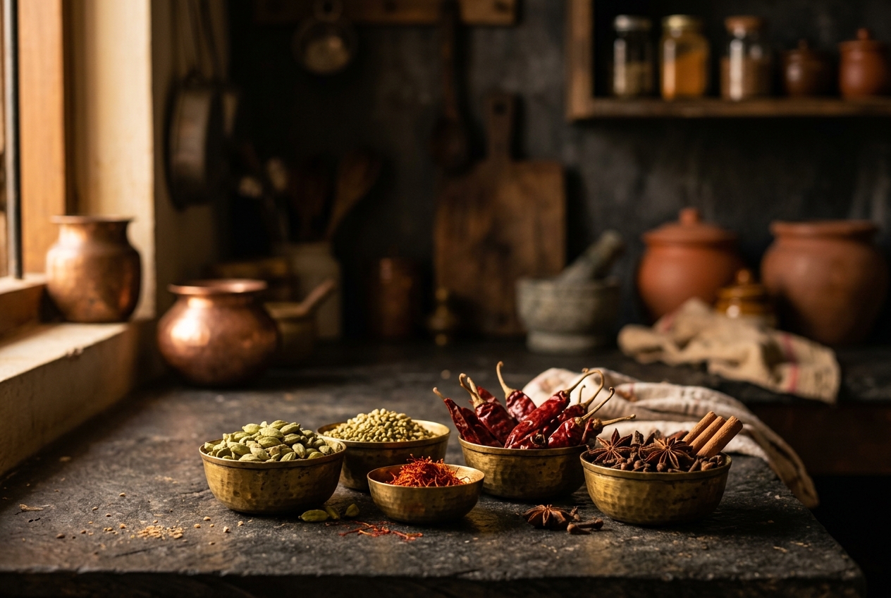 Traditional Indian kitchen with brass bowls of whole spices and aromatic tadka