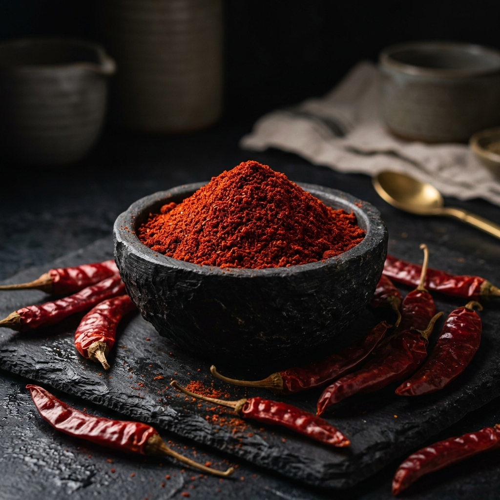 Kashmiri red chili — deep crimson, sun-dried