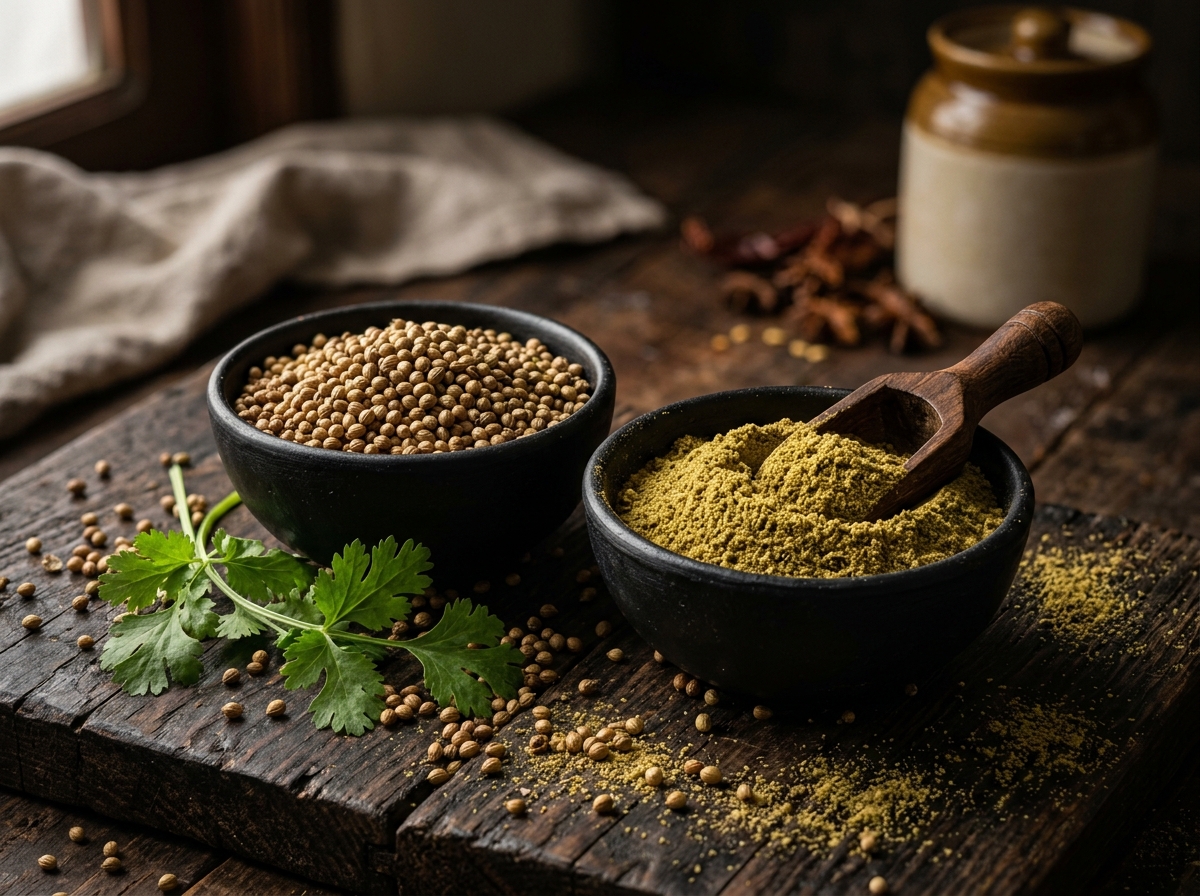Whole round coriander seeds and fragrant green-tinted coriander powder