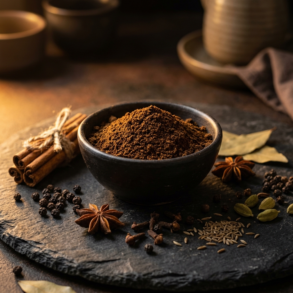Garam masala powder in a dark ceramic bowl with whole spices