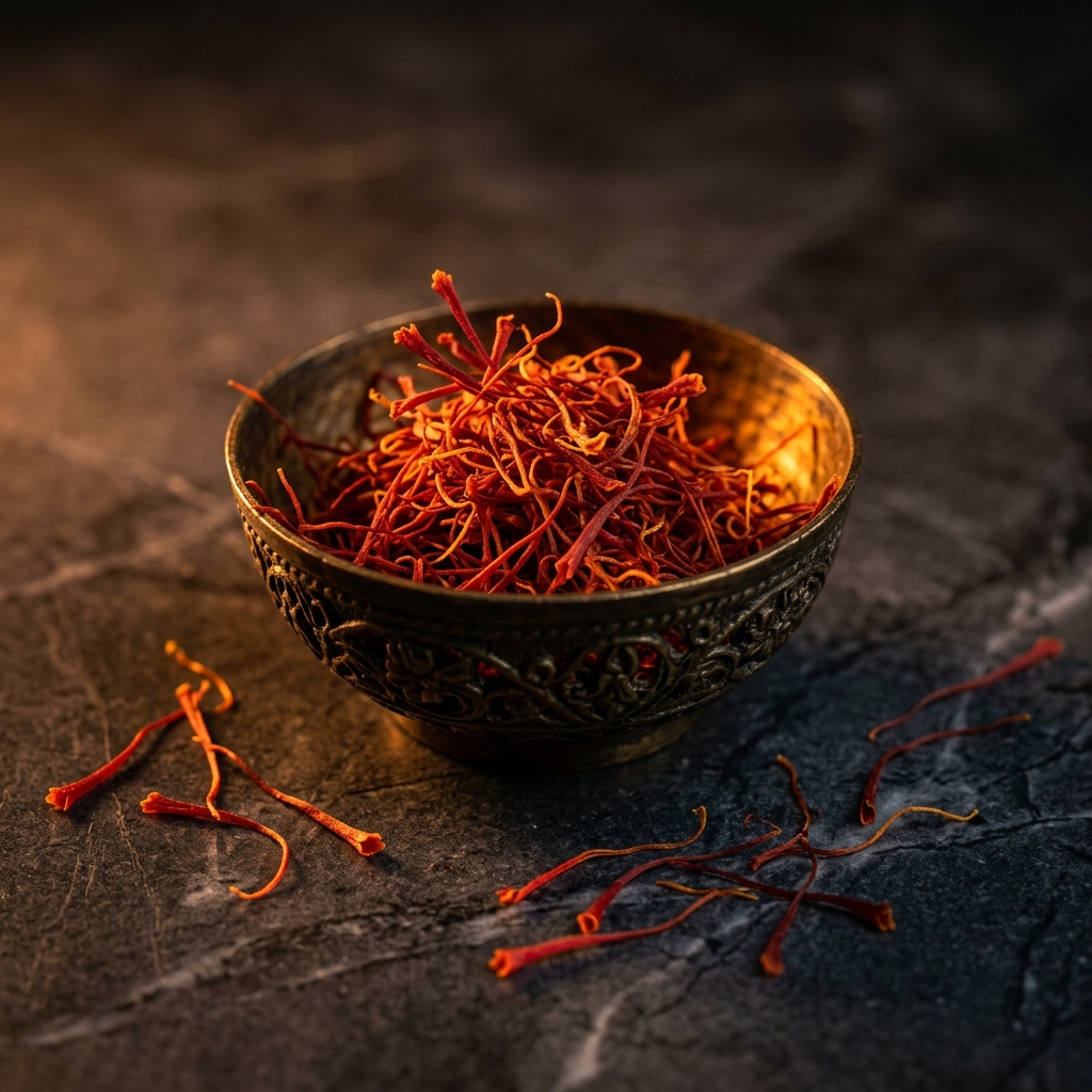 Premium saffron threads in an ornate brass bowl on dark slate