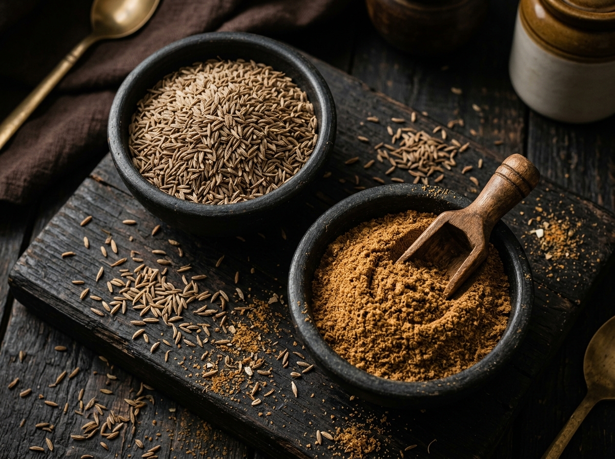 Unpolished whole cumin seeds and golden brown cumin powder